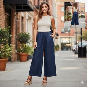 American Eagle Wide Leg Trouser Super High Rise Dark Wash Denim Size 6 Short